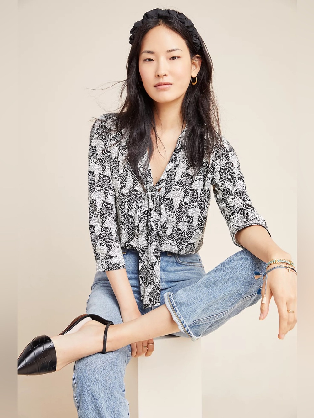Maeve Anthropologie Rory Black and White Printed Tie-Neck Owl Print Blouse 12